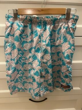 Vineyard Vines Teal & Light Pink Tropical Print Swim Trunks